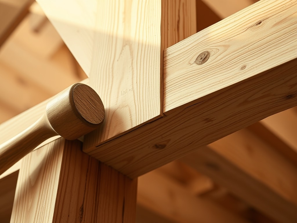 Détail d'assemblage de charpente bois, tenons et mortaises