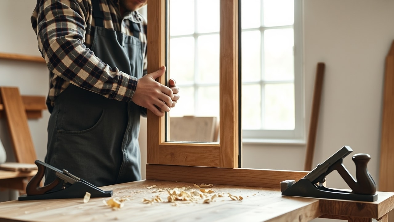 Nicolas Vincent, menuisier-agenceur en Vendée, ajustant une menuiserie bois sur mesure